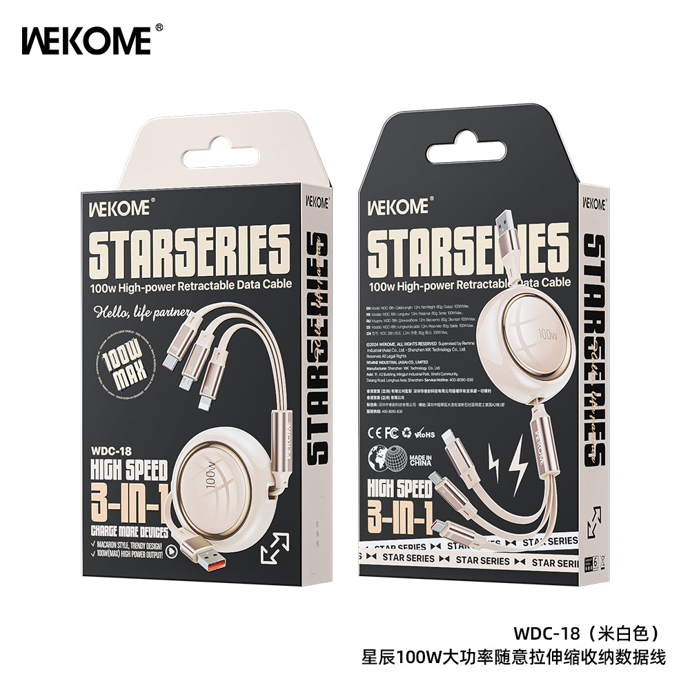 WEKOME WDC-18 Highpower 3 in 1 Retractable Data Cable 100W USB TO Micro / Type-C / iPh WEKOME WDC-18 Highpower 3 in 1 Retractable Data Cable 100W USB TO Micro / Type-C / iPh